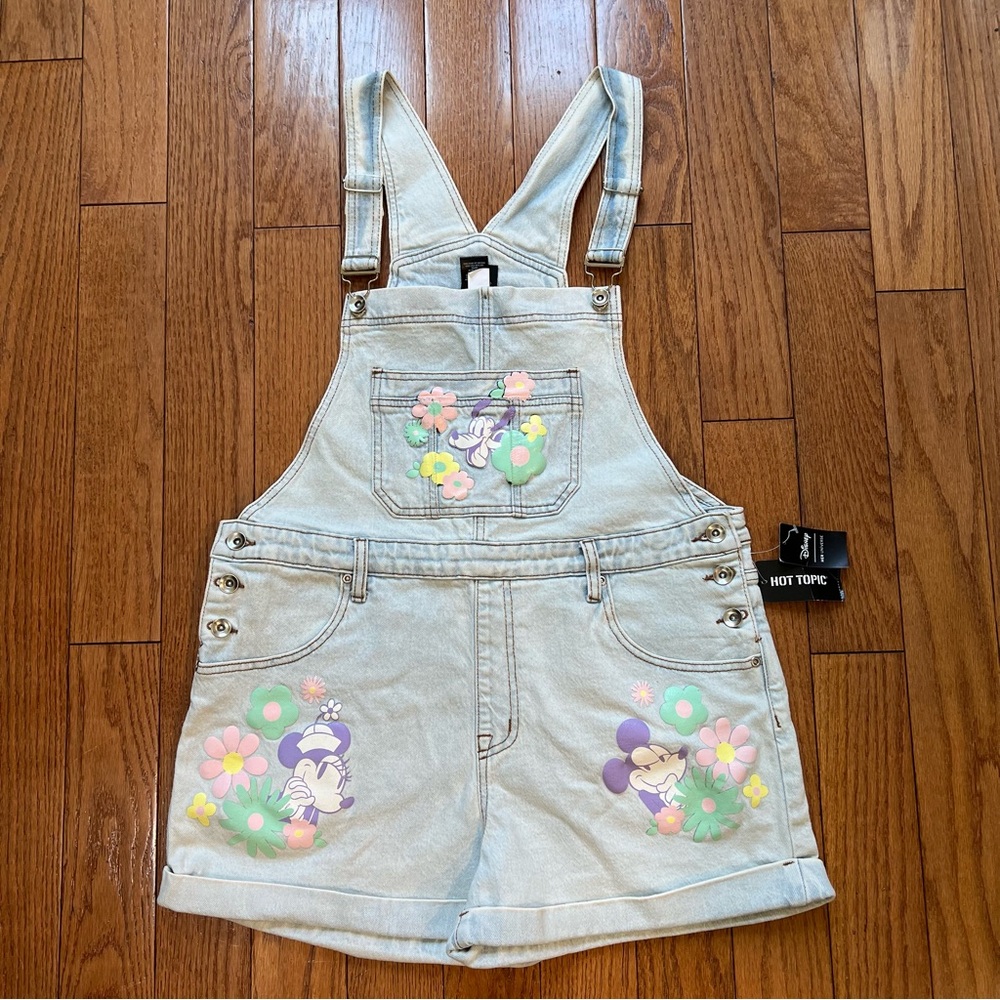 Hot Topic Light Blue Denim Overalls with Floral Minnie and Mickey Design
